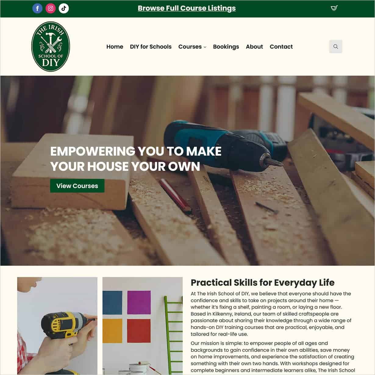 The Irish School of DIY website showing its course navigation and homepage